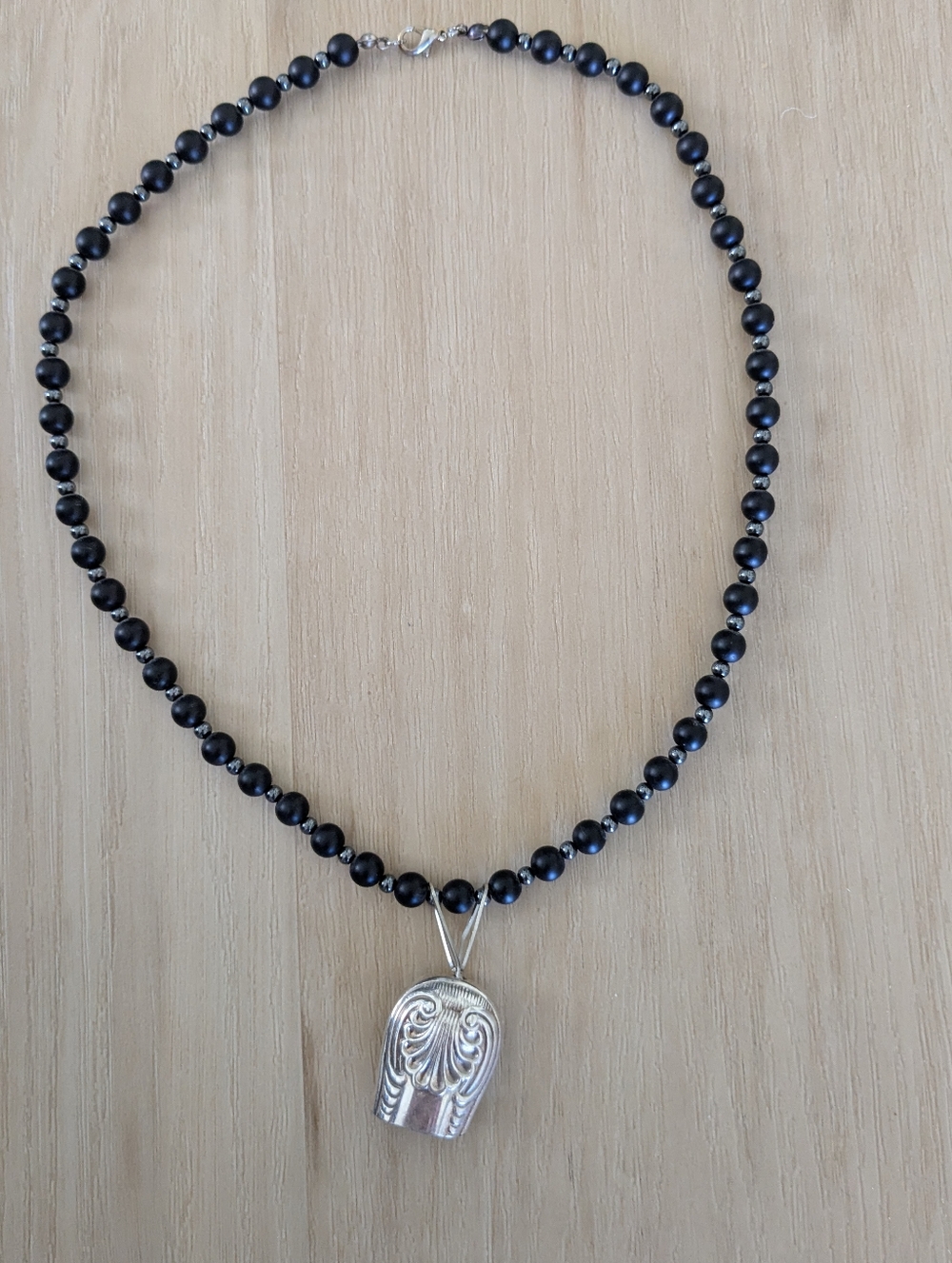 Silver Upcycled Silverware Necklace With Black Bead
